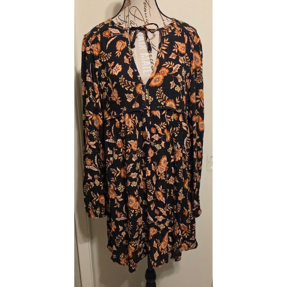 Billabong Black Orange Floral Long Sleeve Boho Fall Long Sleeve Mini Dress Sz M